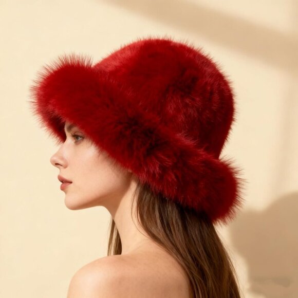 Women\'s Dark Red Oversized Winter Long Pile Fur Wide Moldable Brim Warmer Cap